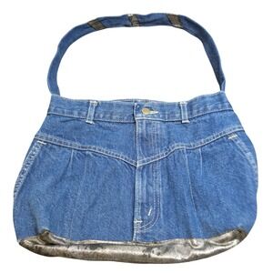 Vintage Chic Upcycled‎ Denim Hobo Bag Blue Jean Tote Metallic Silver Accents